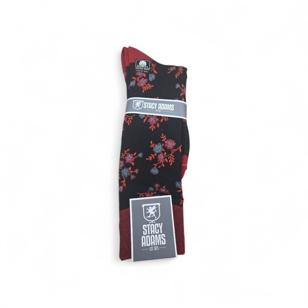 STACY ADAMS MENS BLACK/RED FLOWERING VINE PATTERN DRESS SOCK. SAS358